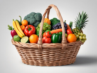 Baskets of fruits and vegetables on a white backdrop.