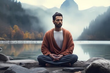 man sitting on a rock meditating - obrazy, fototapety, plakaty