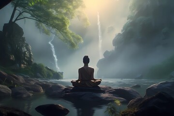 person meditating on the rocks