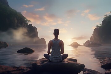 Woman meditating on rocks in the morning - obrazy, fototapety, plakaty