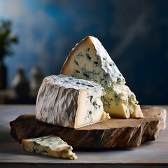 A piece of blue cheese on a wooden board. Dark background.