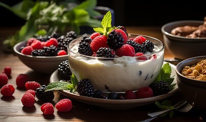 Delicious yogurt with granola and berries, closeup