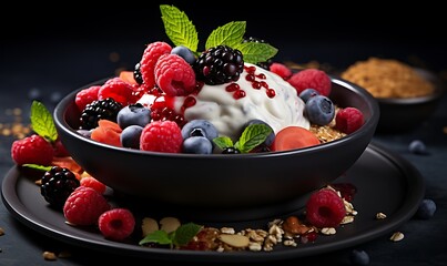 Delicious yogurt with granola and berries, closeup