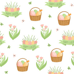 Colorful Easter bunny with eggs and flowers. Easter basket with eggs and sheep. Easter parity and pattern. Easter background for postcard, banner.