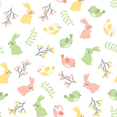 Colorful Easter bunny with eggs and flowers. Easter basket with eggs and sheep. Easter parity and pattern. Easter background for postcard, banner.
