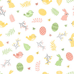 Colorful Easter bunny with eggs and flowers. Easter basket with eggs and sheep. Easter parity and pattern. Easter background for postcard, banner.