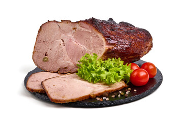 Roasted glazed shoulder of pork, isolated on white background.