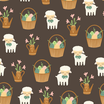 Colorful Easter bunny with eggs and flowers. Easter basket with eggs and sheep. Easter parity and pattern. Easter background for postcard, banner.