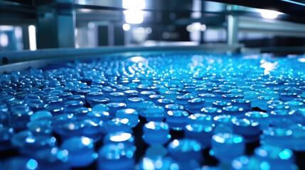 Obraz premium Blue Capsules On Conveyor At Modern Pharmaceutical, Background For Banner, HD
