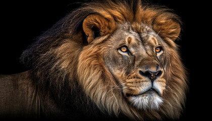 Fototapeta premium Majestic lion staring with aggression, focus on fur and teeth generated by AI