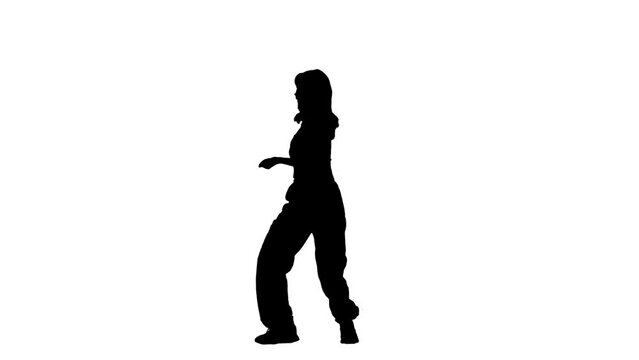 Young woman black silhouette dancing jazz funk modern dance choreography, isolated on white background alpha channel.