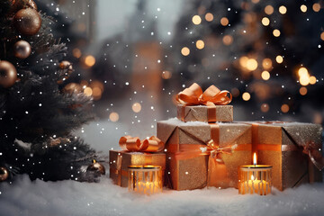 a gift boxes in winter forest, fir tree branches covered by snow, decorated for Christmas or New Year's holiday, lights, a fairy-tale environment