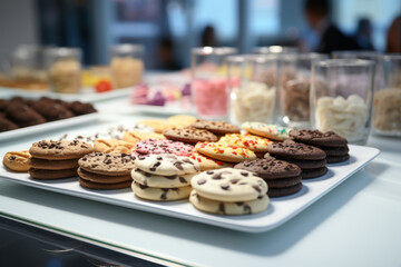 A tasting event at a bakery with samples of unique cookie flavors. Concept of dessert exploration. Generative Ai.