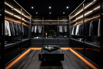 A closet space with charcoal grey walls and sleek black shelving, clothes inside.