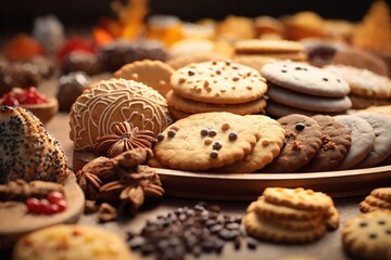 still life of cookies with chocolate on a wooden table, dark background, delicious pastries