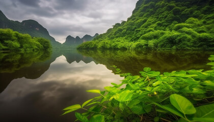 Tranquil scene of mountain range, meadow, and pond reflection generated by AI