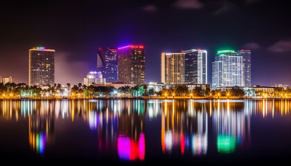 Travel to an illuminated cityscape with multi colored reflections on water generated by AI