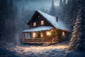 an old hut, decorated with lights for new year holiday, against the background of hard nature in winter, blizzard, dramatic sky and snowy forest, beautiful landscape