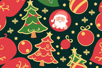 Vector christmas pattern with santa claus,
christmas tree, toys ball, snowflake, stars 
on a black background. 2024 New Year's fashion
ornament for fabric, paper, textiles.