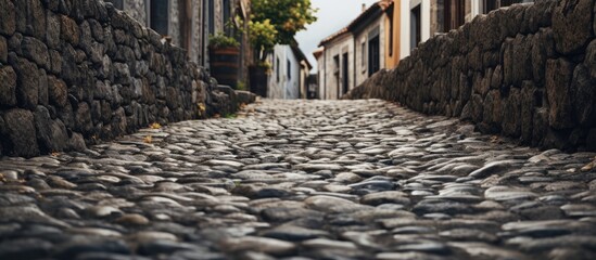 The old cobble street with its intricate pattern and textured stone floor provided a picturesque background against the rugged terrain covered in rocks pebbles and uneven pavement creating a - Powered by Adobe