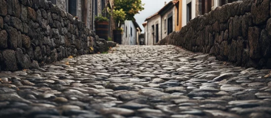 Wandaufkleber The old cobble street with its intricate pattern and textured stone floor provided a picturesque background against the rugged terrain covered in rocks pebbles and uneven pavement creating a © TheWaterMeloonProjec