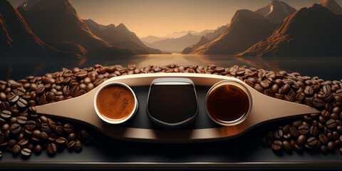 Coffee, Cafe Concept. Coffee beans laid on table with a cup coffee with a backdrop of high mountain views in the morning. - obrazy, fototapety, plakaty