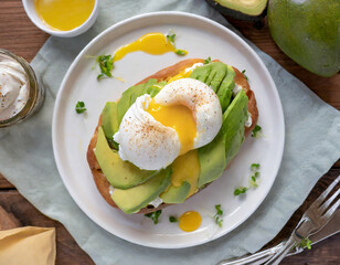 A brunch scene unfolds with a top-down view of avocado Benedict, where perfectly poached eggs rest on a bed of creamy avocado, nestled on toasted English muffins, and drizzled with hollandaise sauce.