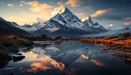 Fototapeta na wymiar Majestic mountain peak reflects tranquil sunset on water generated by AI