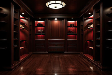 A luxurious closet with deep mahogany wooden shelves. Ambient recessed lighting casts a warm glow over the rich, dark wood. - obrazy, fototapety, plakaty