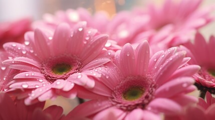 Pink gerbera flowers with water droplets on petals. Springtime Concept. Valentine's Day Concept with a Copy Space. Mother's Day