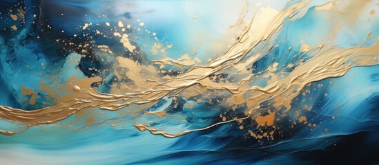 The abstract art piece showcased a mesmerizing mix of vibrant colors and textures combining the fluidity of water with the shimmering elegance of gold and light creating a captivating backg - obrazy, fototapety, plakaty