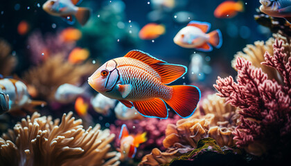 Colorful fish swim in vibrant coral reef underwater generated by AI