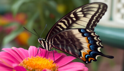 Vibrant swallowtail butterfly pollinates single yellow flower in formal garden generated by AI