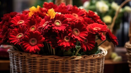 Obraz na płótnie Canvas Bouquet of red gerbera flowers in a basket. Springtime Concept. Valentine's Day Concept with a Copy Space. Mother's Day