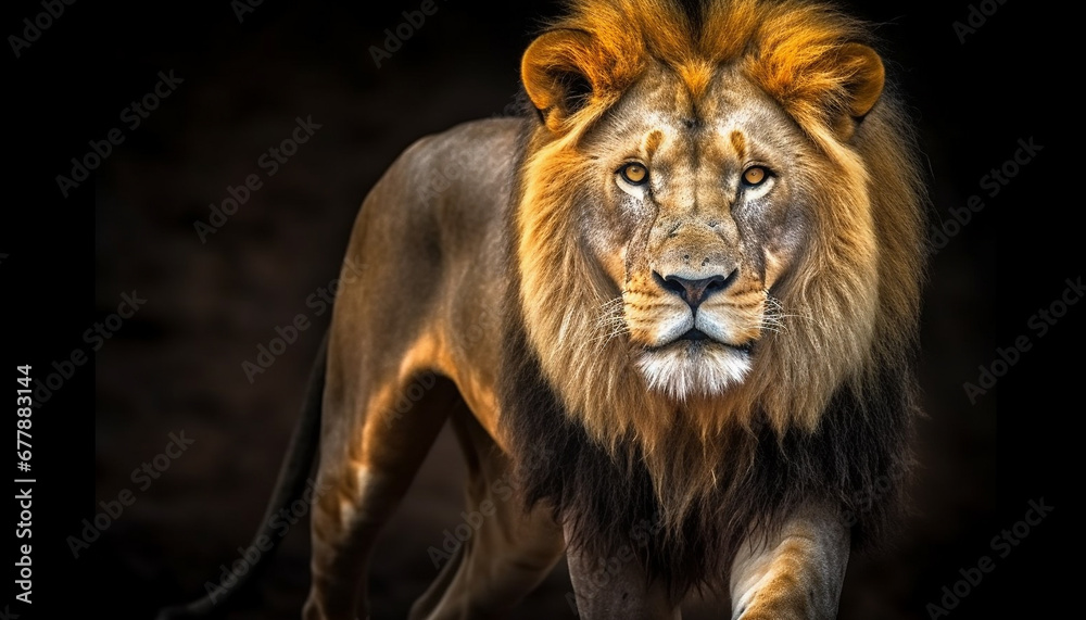 Wall mural Majestic lioness walking in the Savannah, staring with aggression generated by AI