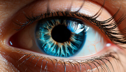 Close up of a caucasian woman blue eye looking at camera generated by AI