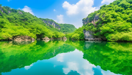 Green trees reflect beauty in nature mountain landscape, summer outdoors generated by AI