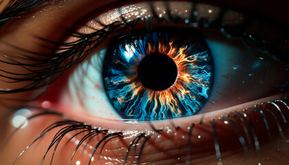 Close up of a human eye, looking at camera, blue iris generated by AI