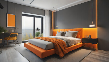 modern contemporary bedroom modern bedroom with gray walls and bright orange illustration ai generative