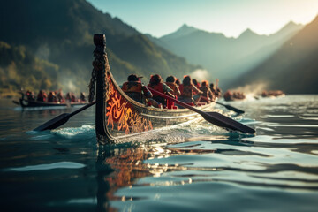 A dragon boat racing team paddling with determination on a calm lake. Concept of teamwork and competition. Generative Ai. - obrazy, fototapety, plakaty