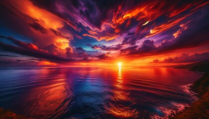 A vivid sunset over tranquil waters, featuring a spectrum of red, orange, and purple hues reflecting on the ocean's surface, highlighted by a radiant sunbeam. Generative AI