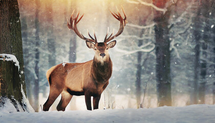 Naklejka na ściany i meble red deer stag in the winter forest noble deer male banner with beautiful animal in the nature habitat wildlife scene from the wild nature landscape wallpaper christmas background