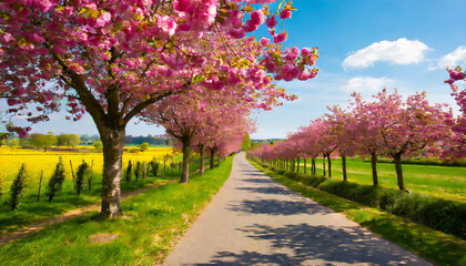 a stunning landscape adorned with cherry blossoms creating a breathtaking avenue of pink flowers in the countryside