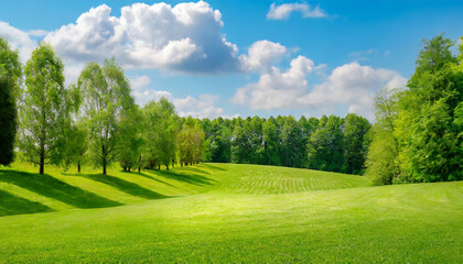 beautiful blurred background image of spring nature with a neatly trimmed lawn surrounded by trees...