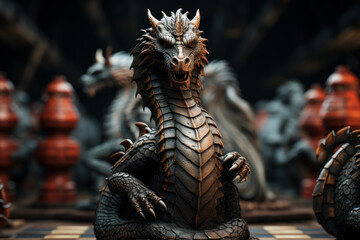 A dragon-themed chess set with intricate pieces for strategic gameplay. Concept of intellectual challenges and board games. Generative Ai.