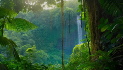 Tranquil tropical rainforest, high up, beauty in nature, adventure awaits generated by AI