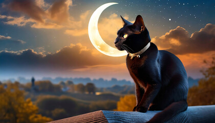 cinematic black cat with a crescent moon scene hd desktop wallpaper ai generated