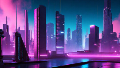 cyberpunk neon city night futuristic city scene backdrop wallpaper retro future 3d illustration urban sci fi scene