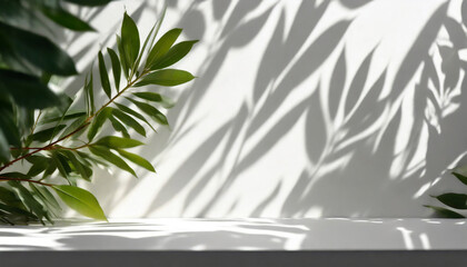 blurred shadow from leaves plants on the white wall minimal abstract background for product presentation spring and summer