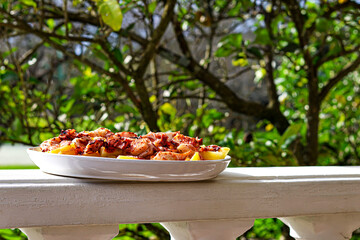 Octopus dish prepared in the style of Galicia, with cooked potatoes, paprika, salt, and virgin olive oil